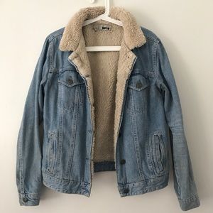Topshop MOTO blue denim Sherpa trucker jacket US 6
